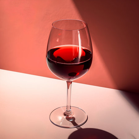 Red wine in a glass on a red background. 3d renderingの素材