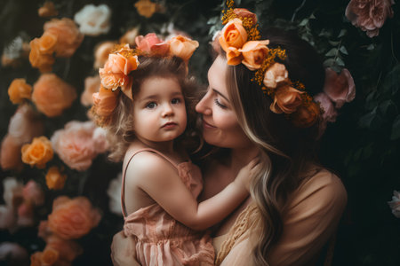 Mother and daughter in a floral wreath on the background of flowersの素材