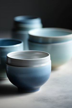 Ceramic bowls on a gray background. Shallow depth of fieldの素材