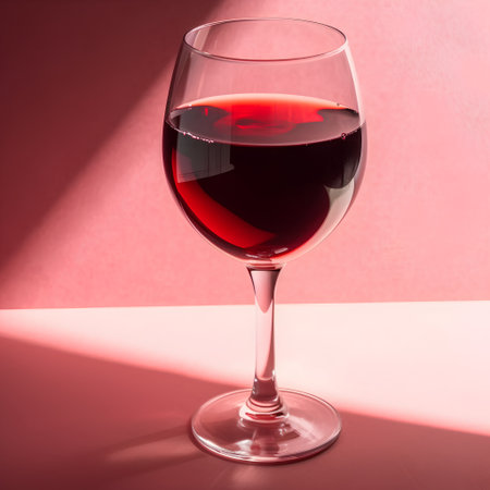 Glass of red wine on a pink background with a shadow from the sunの素材
