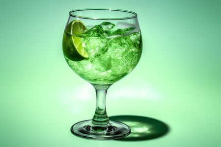 Cocktail with lime and ice in a glass on a green backgroundの素材