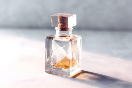 Vintage glass bottle with perfume on a light background, selective focusの素材