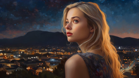 Portrait of a beautiful blonde woman on the background of the night city.の素材