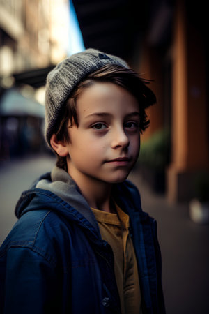 Portrait of a cute little boy in the city. Selective focus.の素材