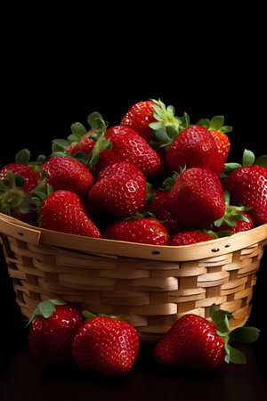 Strawberries in a wicker basket on a black background.の素材