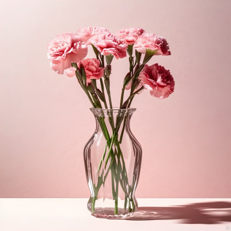 Pink carnation bouquet in vase on white table and pink backgroundの素材