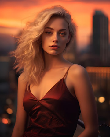 Portrait of a beautiful young woman in a red dress on the background of the cityの素材