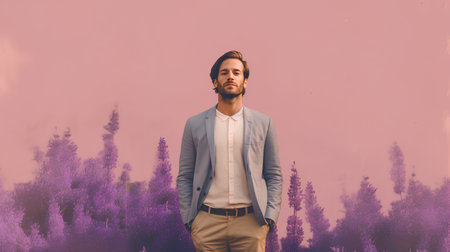 Handsome man with beard and mustache in casual clothes standing in front of purple lavender backgroundの素材