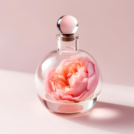 Perfume bottle with pink peony flower on pastel backgroundの素材