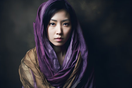 Portrait of a beautiful asian woman with purple scarf on dark backgroundの素材