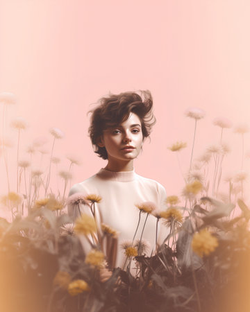 Beautiful young woman with curly hair posing in a field of dandelionsの素材