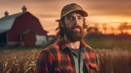 Portrait of a handsome farmer in a wheat field at sunset.の素材