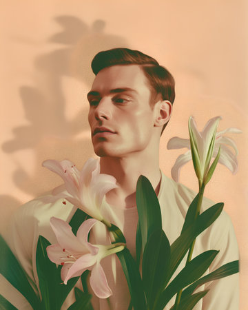 Young handsome man with lily flowers on beige background. Beauty, fashion.の素材