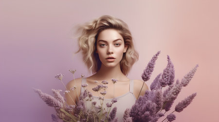 Beautiful young woman with bunch of lavender flowers on color backgroundの素材