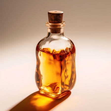 Glass bottle with brandy on a light background. Close-up.の素材