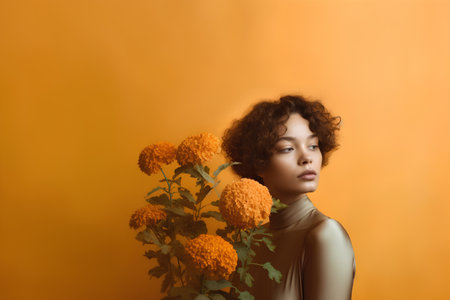 beautiful african american woman with marigold flowers isolated on orangeの素材