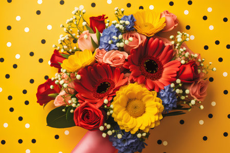 Bouquet of colorful flowers on yellow polka dot background, top viewの素材