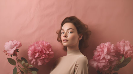 Beautiful young woman with pink flowers on a pink background. Beauty, fashion.の素材
