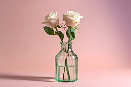 White roses in a glass vase on a pink background. 3d renderingの素材