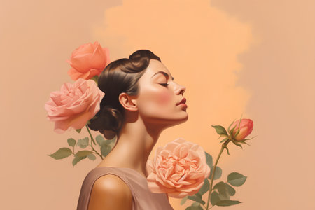 Beautiful young woman with flowers in her hair. Portrait of a girl with roses.の素材