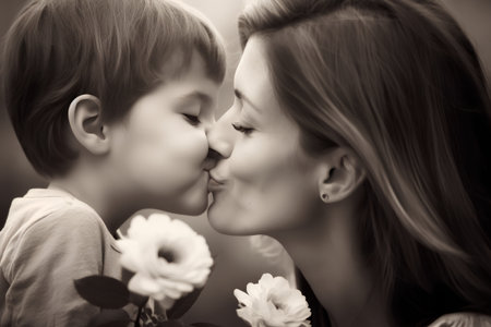 Young mother kissing her little daughter on the cheek. Black and whiteの素材