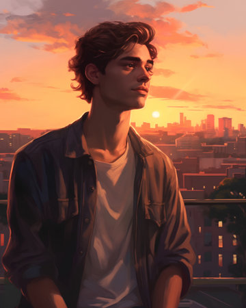 Young handsome man on the roof of a skyscraper at sunset.の素材