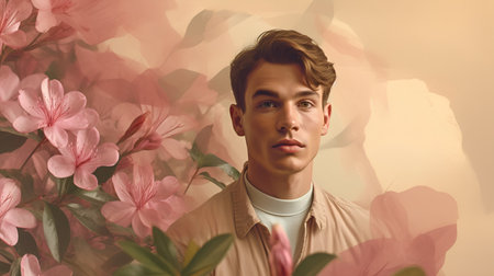 Portrait of a handsome young man in a beige shirt against a floral backgroundの素材