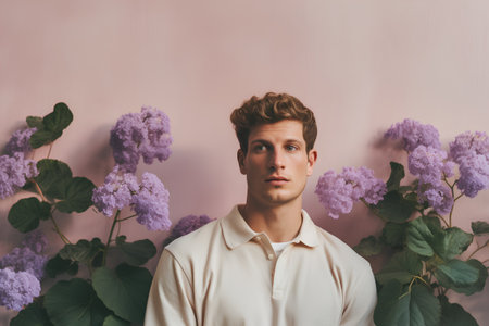 Portrait of a handsome young man in a white shirt on a pink background with purple flowers.の素材