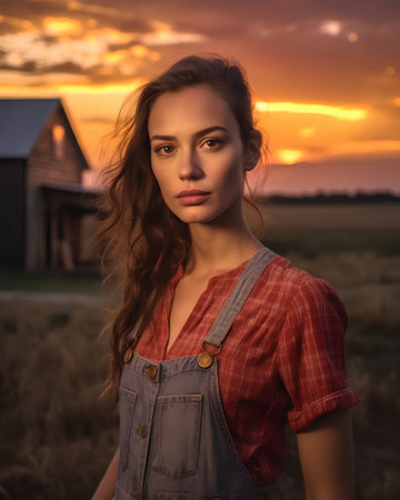 Portrait of a beautiful young woman on a wheat field at sunsetの素材