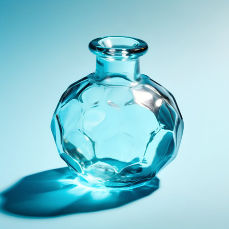Empty glass bottle on blue background. Minimalistic still life.の素材