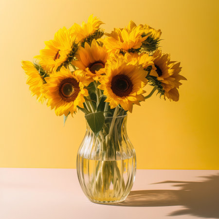 Bouquet of sunflowers in vase on yellow backgroundの素材