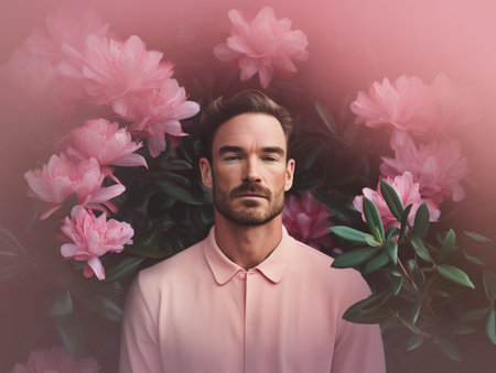 Portrait of a handsome young man with a beard in a pink shirt on a background of flowersの素材
