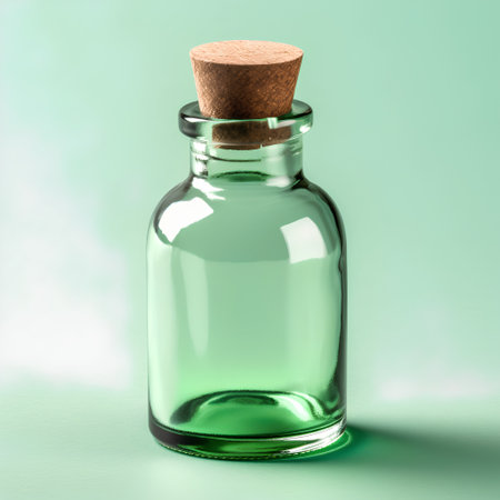 Empty glass bottle with cork stopper isolated on green background.の素材