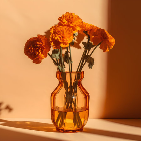 Orange ranunculus flowers in glass vase on orange background.の素材