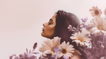 Portrait of a beautiful woman with daisies on a pink backgroundの素材