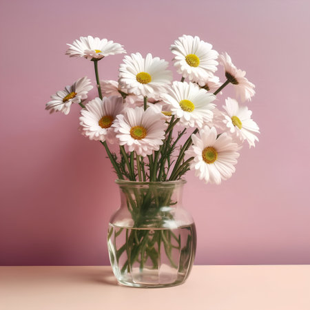 Bouquet of white daisies in a glass vase on a pink backgroundの素材