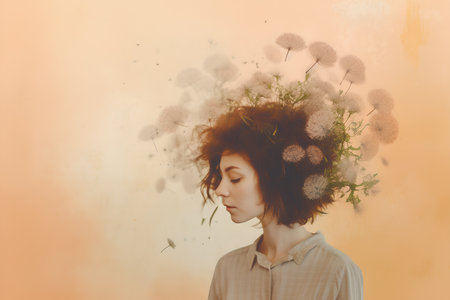 Beautiful young woman with dandelions on her head. Toned imageの素材