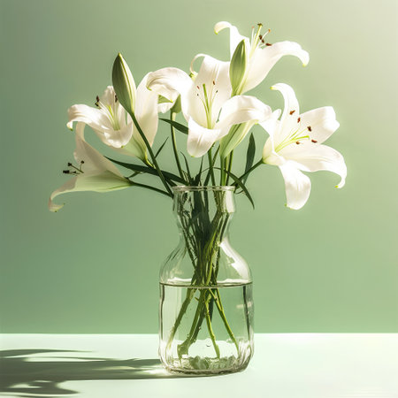Bouquet of white lilies in a vase on a green backgroundの素材