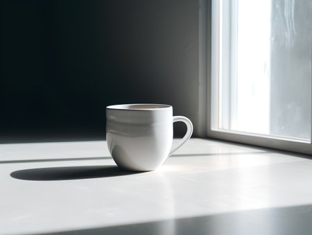 Coffee cup on the windowsill in the morning light.の素材
