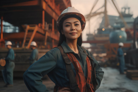Portrait of a female worker in an industrial port. She is wearing a safety helmet.の素材