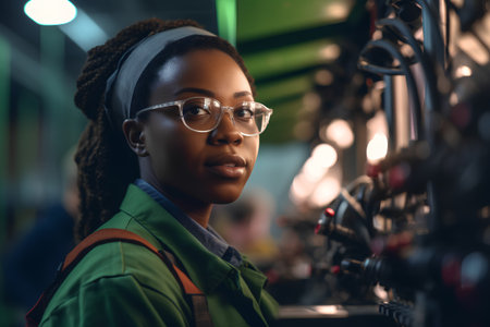 Young african american woman in eyeglasses looking away while standing at industrial factoryの素材
