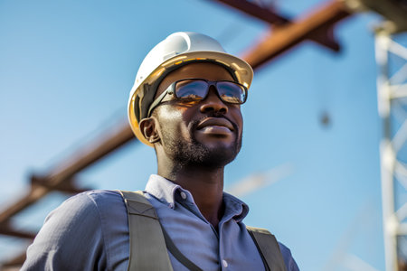 portrait of african american engineer in helmet and glasses at construction siteの素材