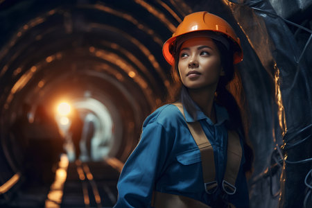 Portrait of a young woman engineer in a construction site. Industrial concept.の素材