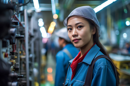 Portrait of asian woman worker in industrial factory. Industrial and industrial workers concept.の素材