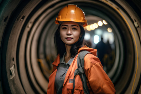 Portrait of young Asian woman engineer or worker in safety helmet with construction site background.の素材