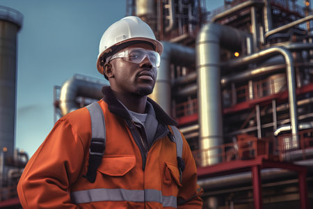 Portrait of a serious African-American male engineer in a white helmet and reflective vest standing in front of a refinery.の素材