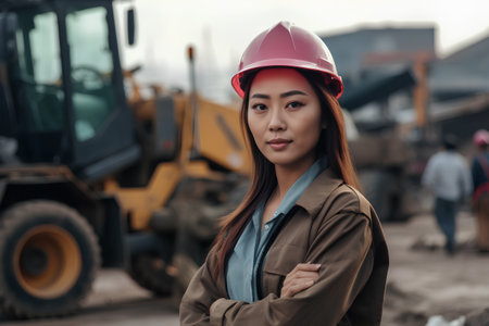 portrait of young asian woman engineer with helmet at construction siteの素材