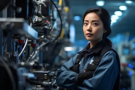 portrait of young asian woman engineer working in modern industrial factoryの素材