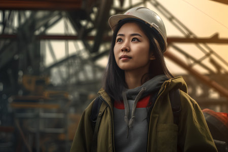 Portrait of young asian woman construction worker wearing safety helmet.の素材