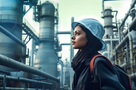 Portrait of a beautiful asian muslim woman in hijab with backpack standing in oil refinery.の素材